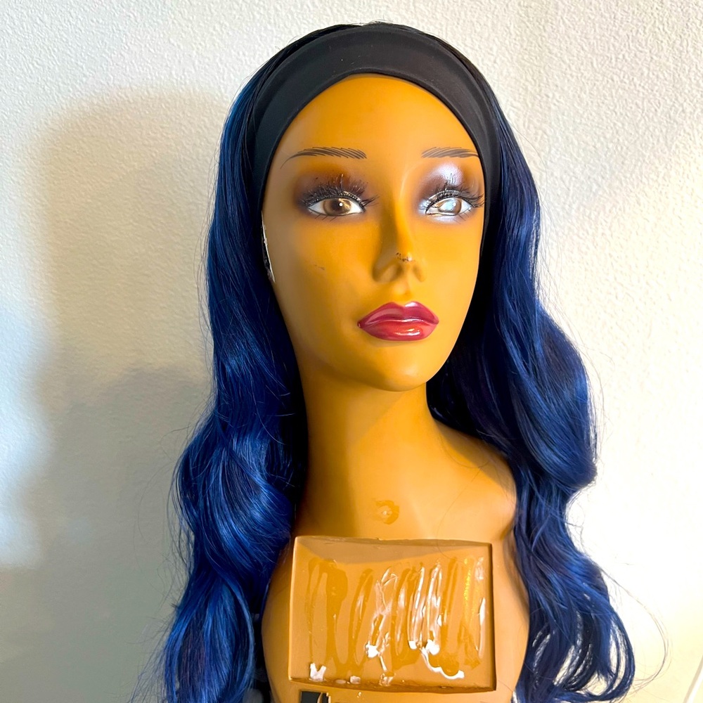 Blue. With some traces of black. Headband. Wig.